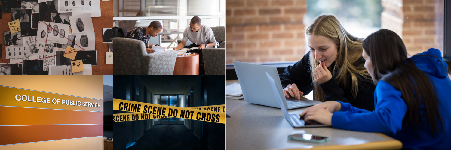 Collage with a crime scene, finger prints, College of Public service image, and students studying.